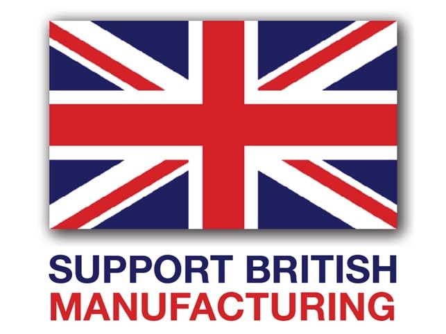 A british flag with support british manufacturing written underneath in blue and red highlighting the advantages of reshoring as a supply chain strategy.